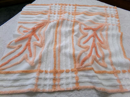 Peach White Vintage Chenille Bedspread Fabric Botanical Leaves Design 21x24"
