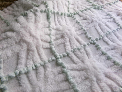 Vintage Chenille Fabric, Mint Green Pearl Pops White Spider Rings, 18x25"