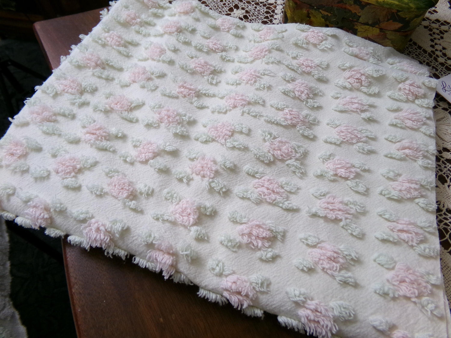 Creamy Vanilla Pink Rosebud Vintage Chenille Bedspread Fabric, 18 x 24"