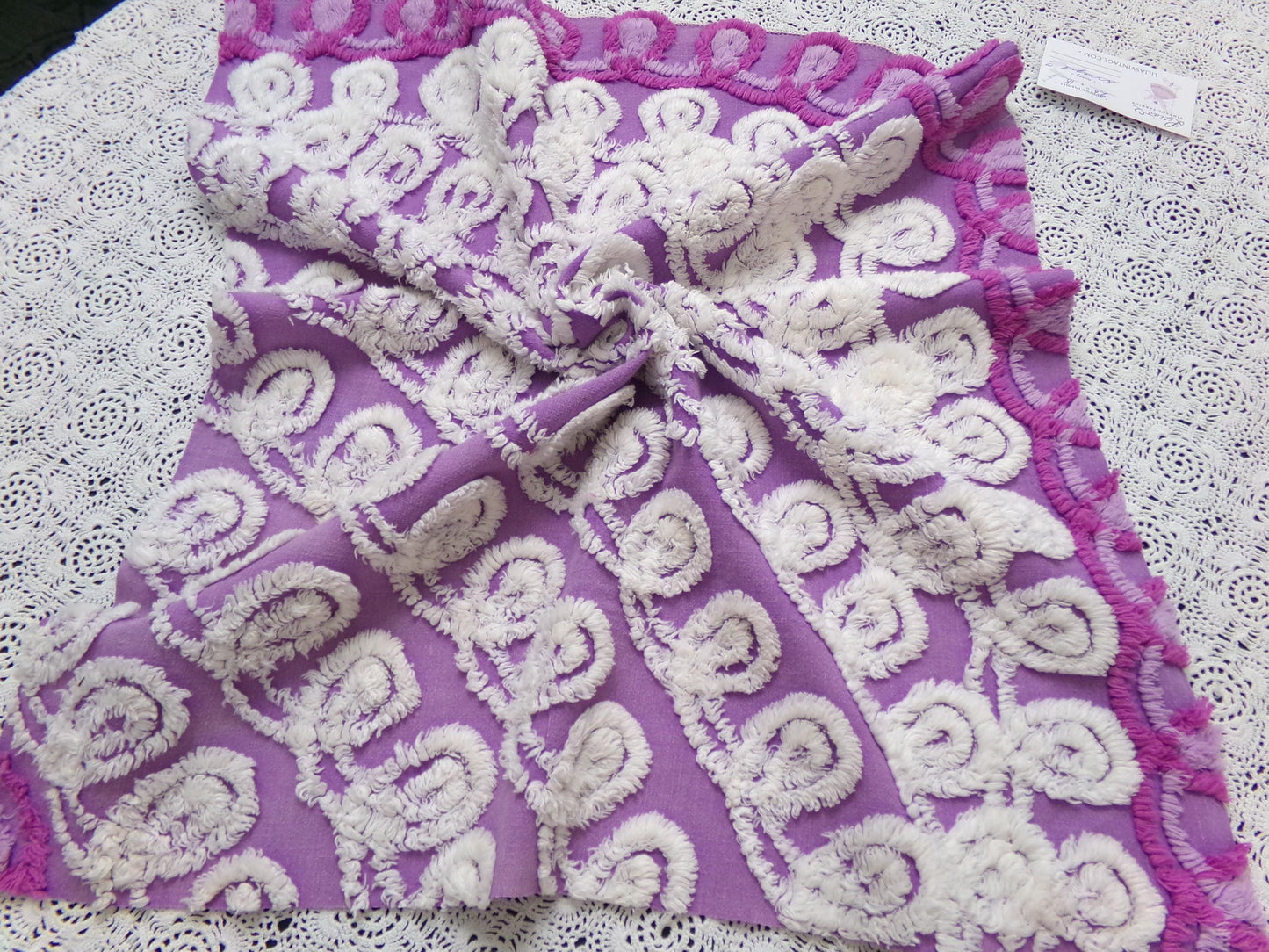 Shabby Purple & White Vintage Chenille Fabric 18 x 20" Curlicue Geometric Boho Quilt Sewing Material