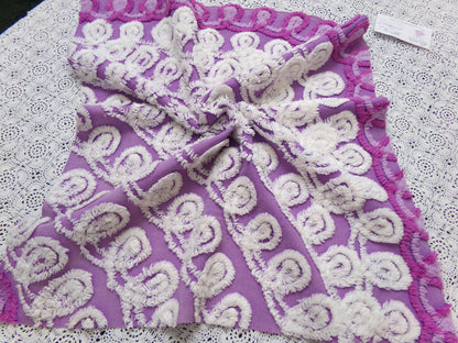 Shabby Purple & White Vintage Chenille Fabric 18 x 20" Curlicue Geometric Boho Quilt Sewing Material