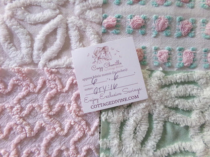 Chenille Squares Set, "Flower Petals," 16 Vintage Fabric Quilt Blocks, 6" inch in White Daisy, Pink Rosebud, Mint Green, Squiggles