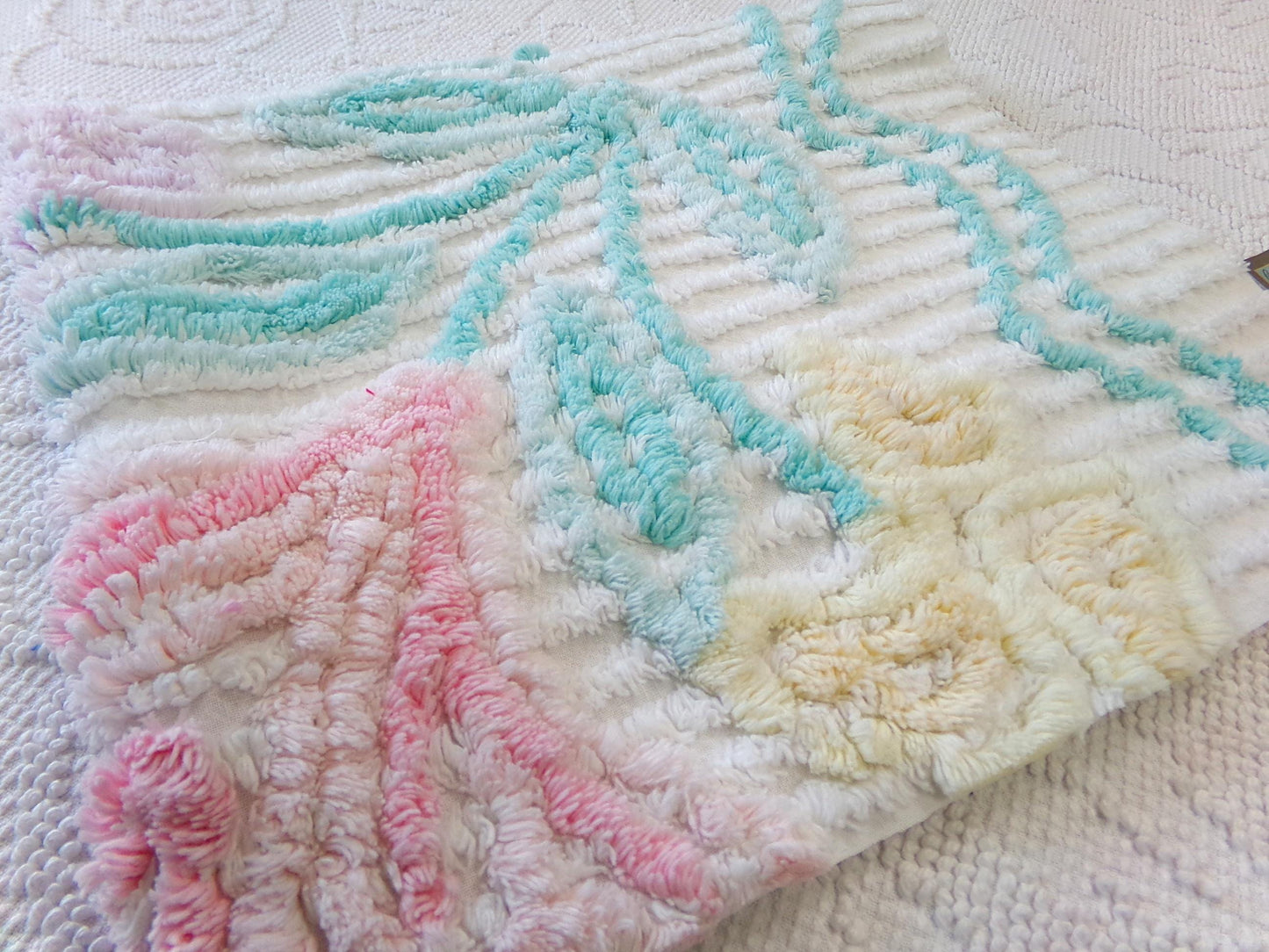 Pastel Floral Vintage Chenille Bedspread Fabric, Cottage Chic Design 18" x 24" piece sewing material