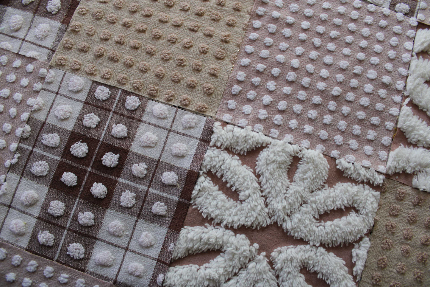 Cozy Mocha Chenille Quilt Squares Set, from Vintage Bedspread Fabric, 16 Blocks, 6" x 6" inches each, Pops & Daisies