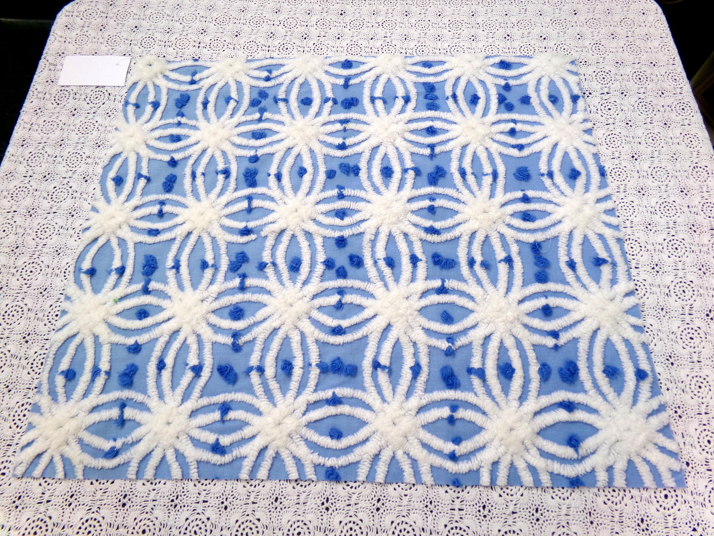 serene blue & white vintage chenille fabric, 19" x 23" cotton quilt material