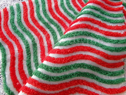 Vintage Red & Green Chenille Fabric, Christmas Ripple Stripes 15x28" Quilt Textile