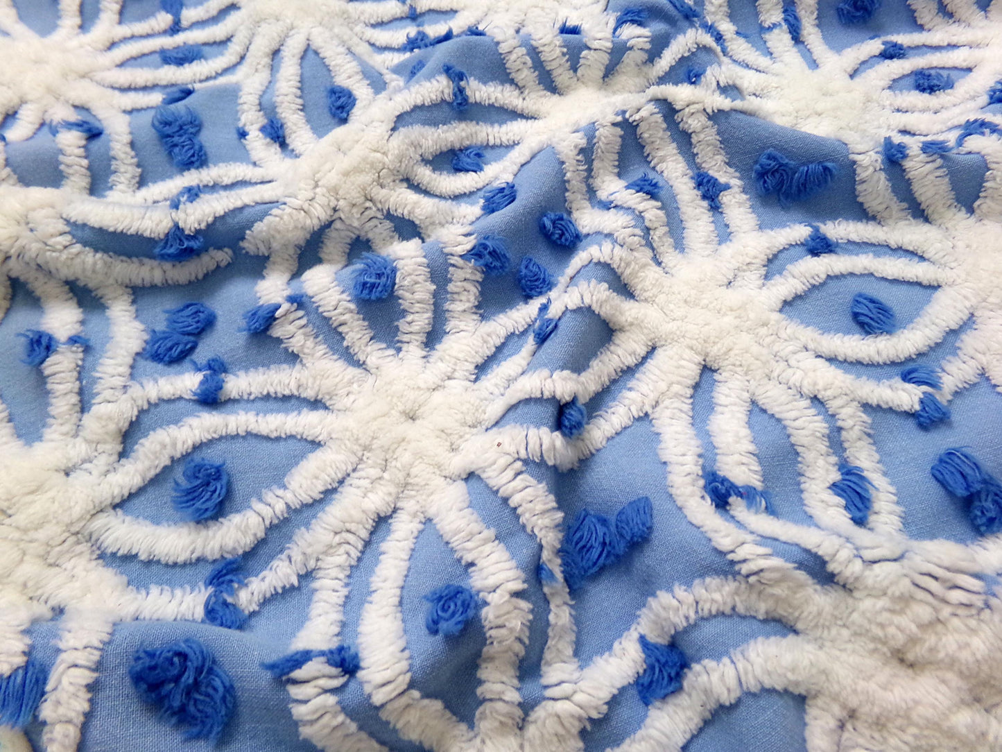 serene blue & white vintage chenille fabric, 19" x 23" cotton quilt material