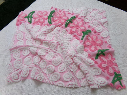 Flower Arch Vintage Chenille Bedspread Fabric, Pink Floral Sewing Material 20" x 24" Piece
