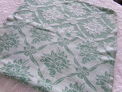 shabby cottage jade rose woven fabric, reversible sewing material from vintage bates bedspread, 20" x 30" inch piece