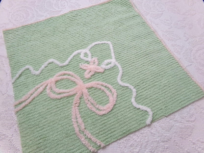 Peaceful Mint Green Vintage Chenille Fabric Pink Bow Star Lily, 19" x 18"