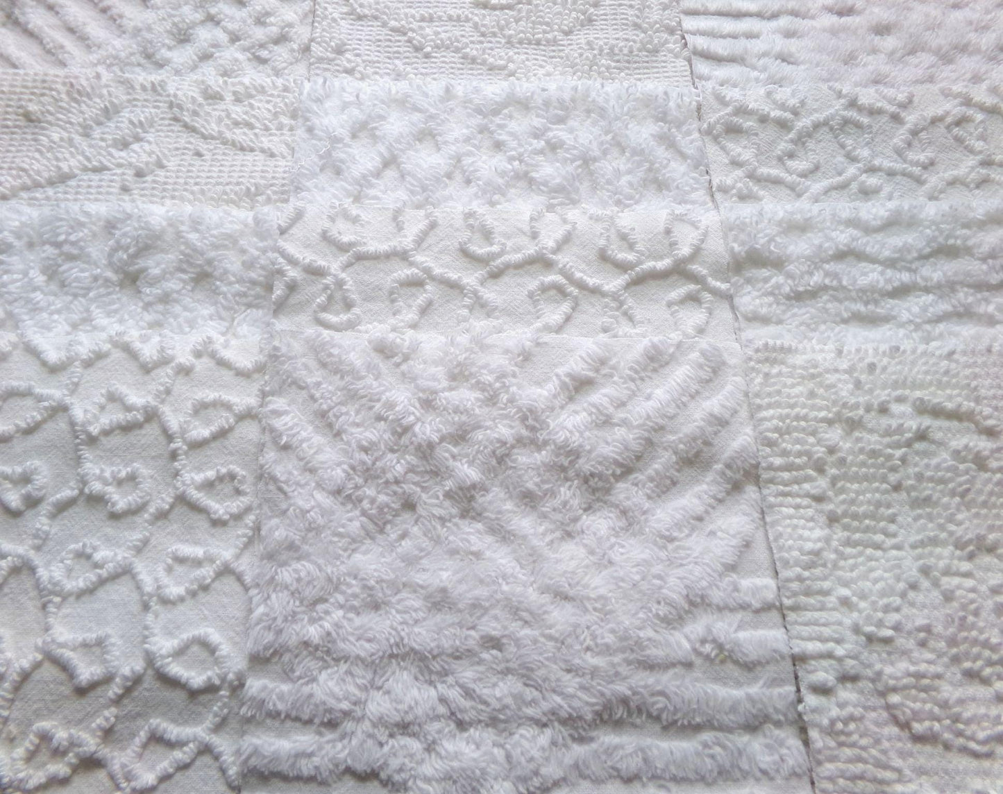 white vintage 6" chenille squares, set of 12 quilt blocks in a classic selection of popular patterns for sewing & crafts