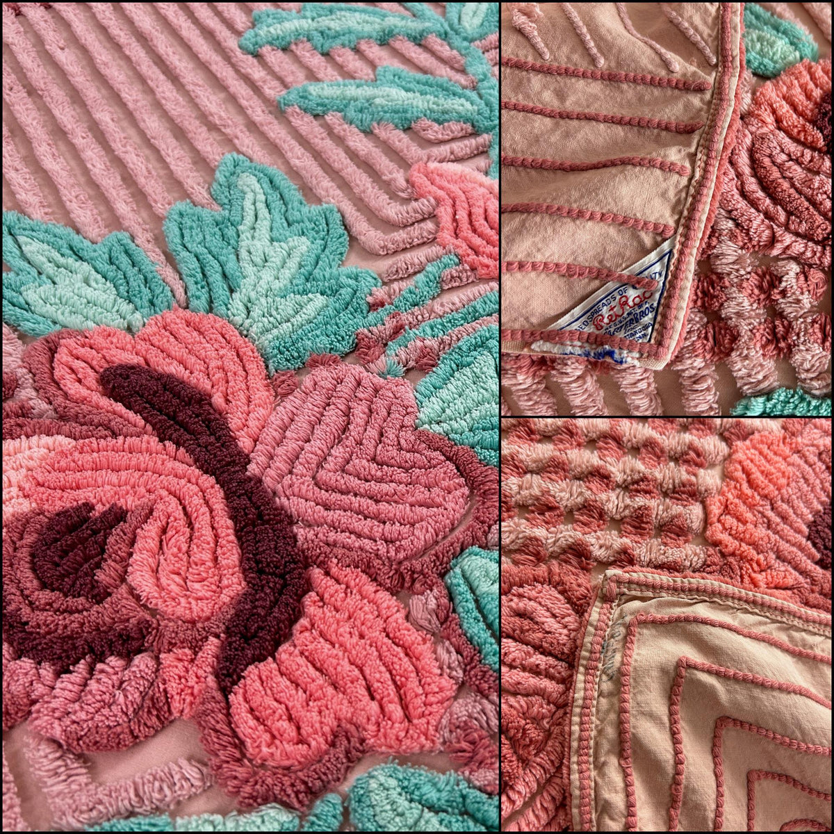 Vintage Chenille Bedspread Twin Dusty Pink Aqua Floral Bouquet Cottage Shabby