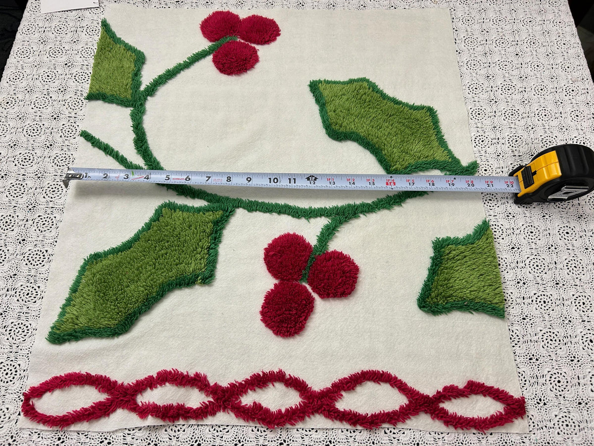 Holiday Vintage Chenille Fabric, Winter Holly Berry 22x20" Craft Piece