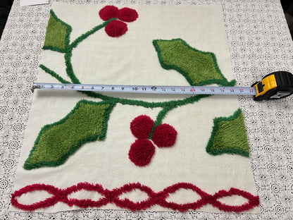 Holiday Vintage Chenille Fabric, Winter Holly Berry 22x20" Craft Piece