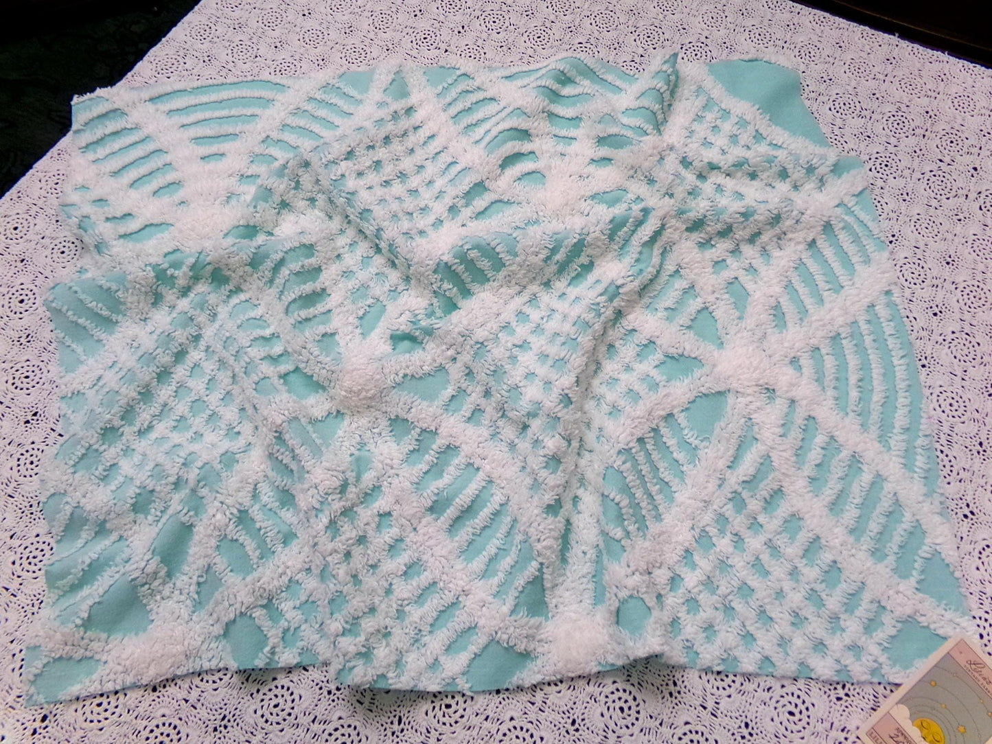 Aqua White Vintage Chenille Fabric 20x24" Geometric Quilt Material