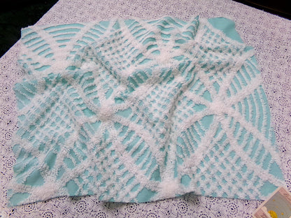 Aqua White Vintage Chenille Fabric 20x24" Geometric Quilt Material