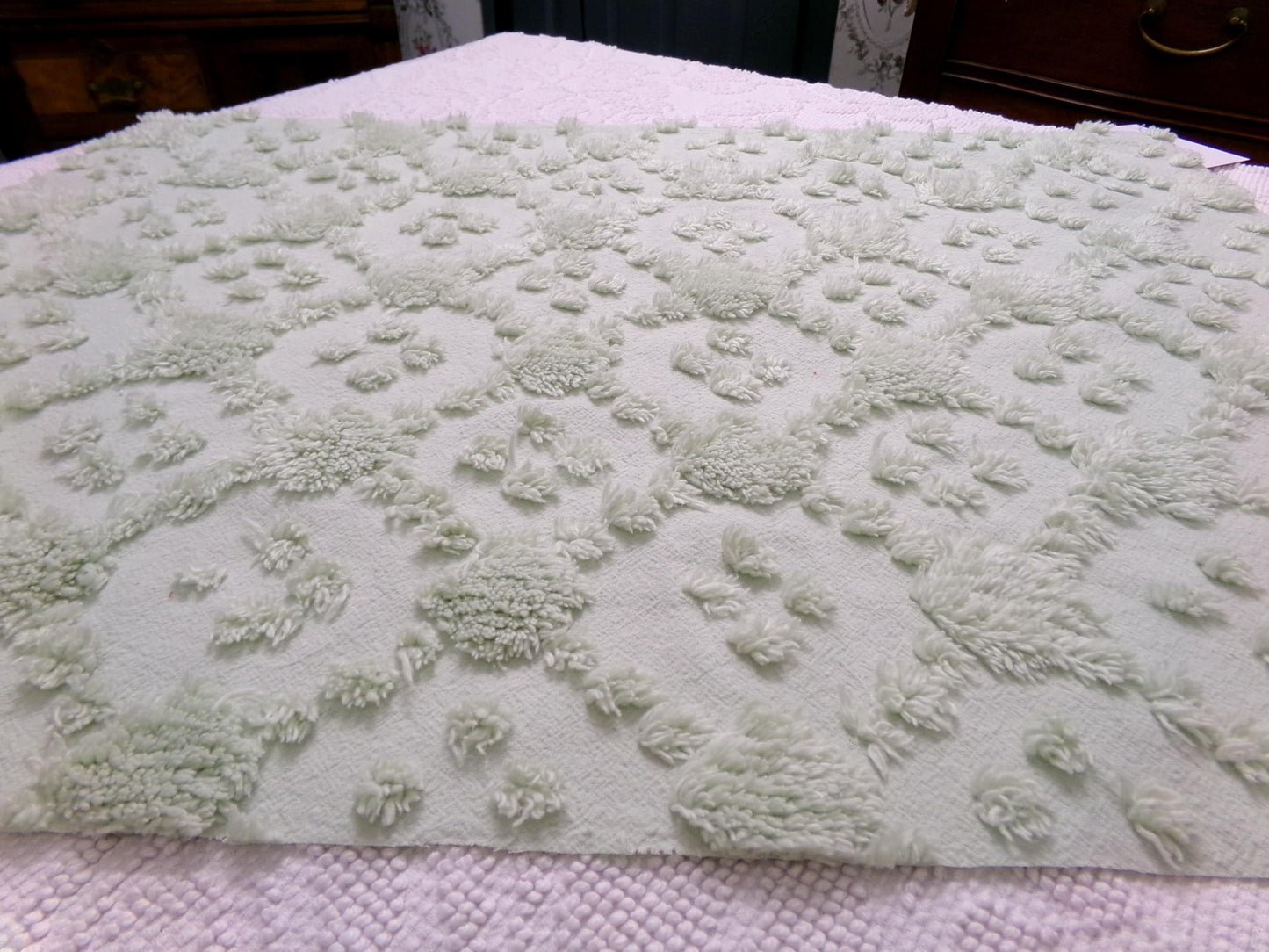 fluffy green vintage style chenille fabric, versatile sewing & quilt material, 19" x 24" piece