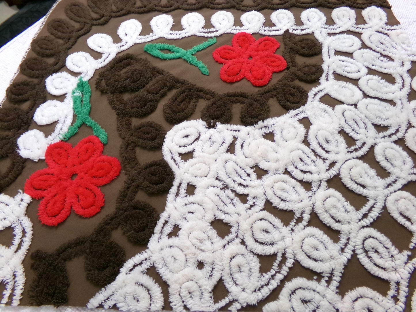 Chocolate Brown Vintage Chenille Bedspread Fabric, cherry red flowers & white swirls sewing material, 20" x 24"