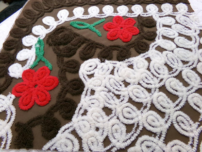 Chocolate Brown Vintage Chenille Bedspread Fabric, cherry red flowers & white swirls sewing material, 20" x 24"