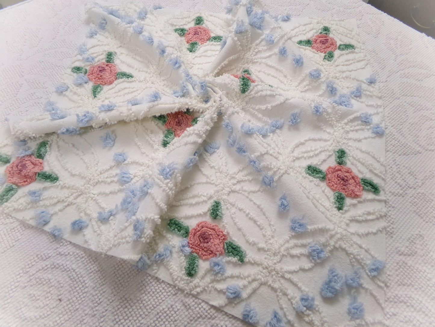 Pink Roses in Winter Vintage Chenille Bedspread Fabric, Romantic 22" x 20" Piece Sewing Material