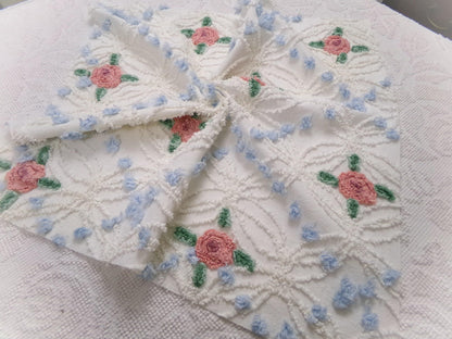 Pink Roses in Winter Vintage Chenille Bedspread Fabric, Romantic 22" x 20" Piece Sewing Material