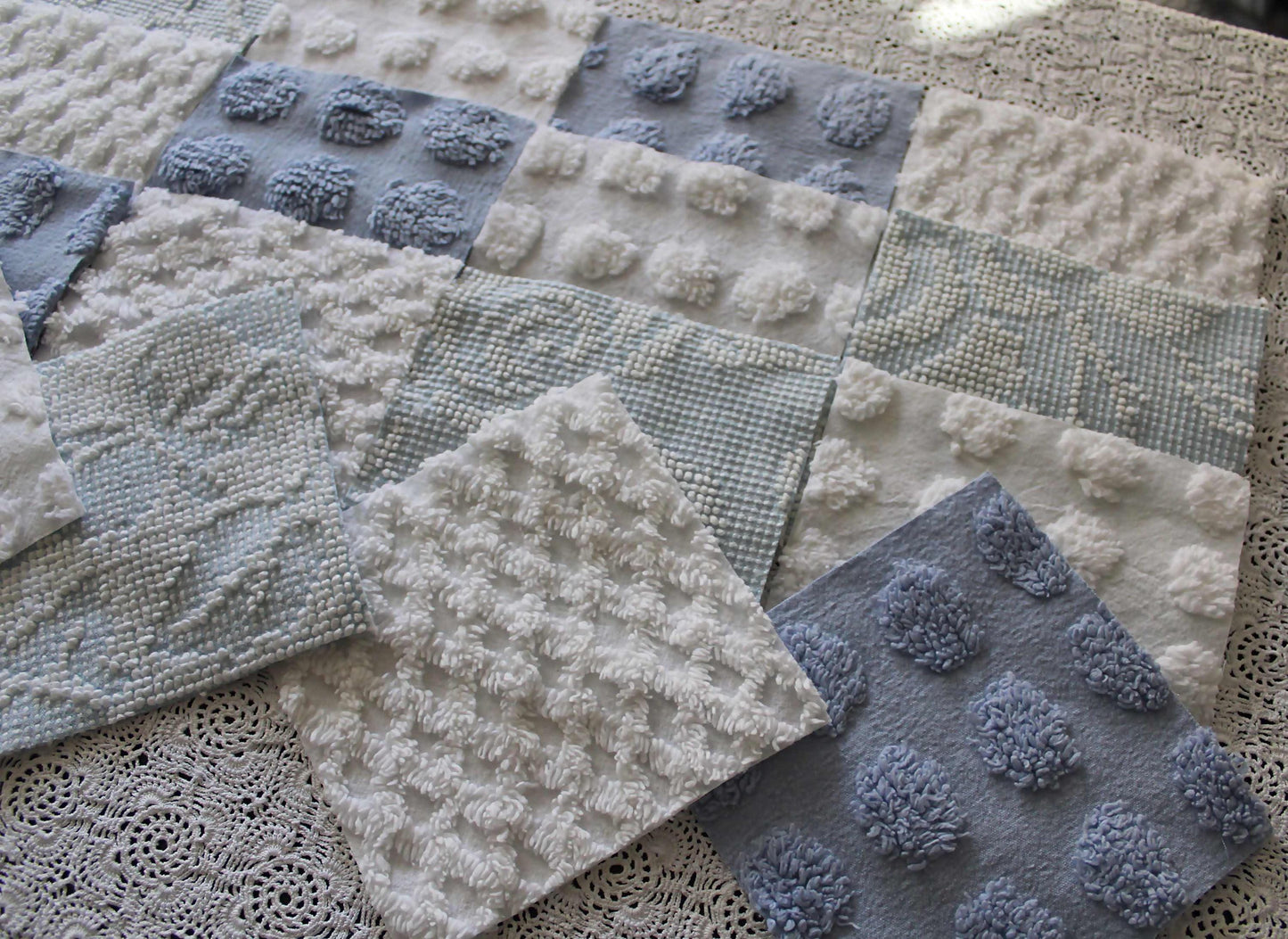 vintage chenille fabric squares, set of 16 coastal blue & white 6" quilt blocks for patchwork pillows, quilting, crafts