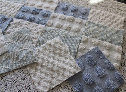 vintage chenille fabric squares, set of 16 coastal blue & white 6" quilt blocks for patchwork pillows, quilting, crafts