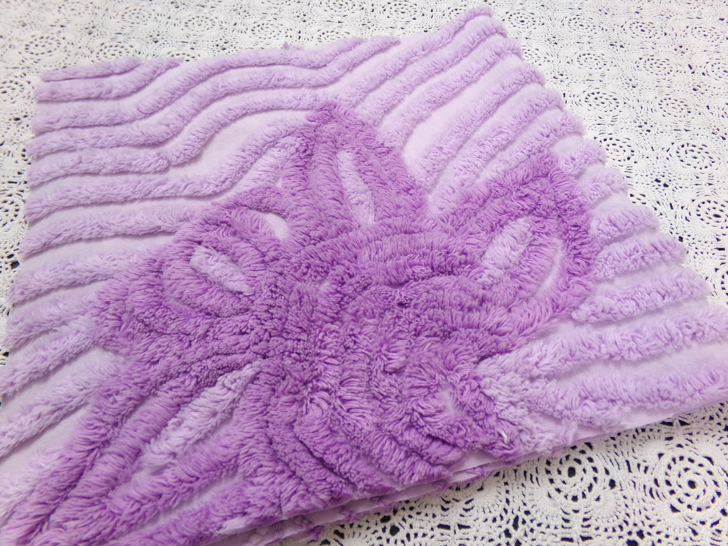 Lilac Floral Vintage Chenille Bedspread Fabric Piece 10.75x22" Plush Sewing Material