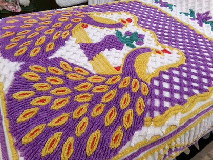 Vintage Chenille Bedspread Double Peacock Purple Gold White, Full Size