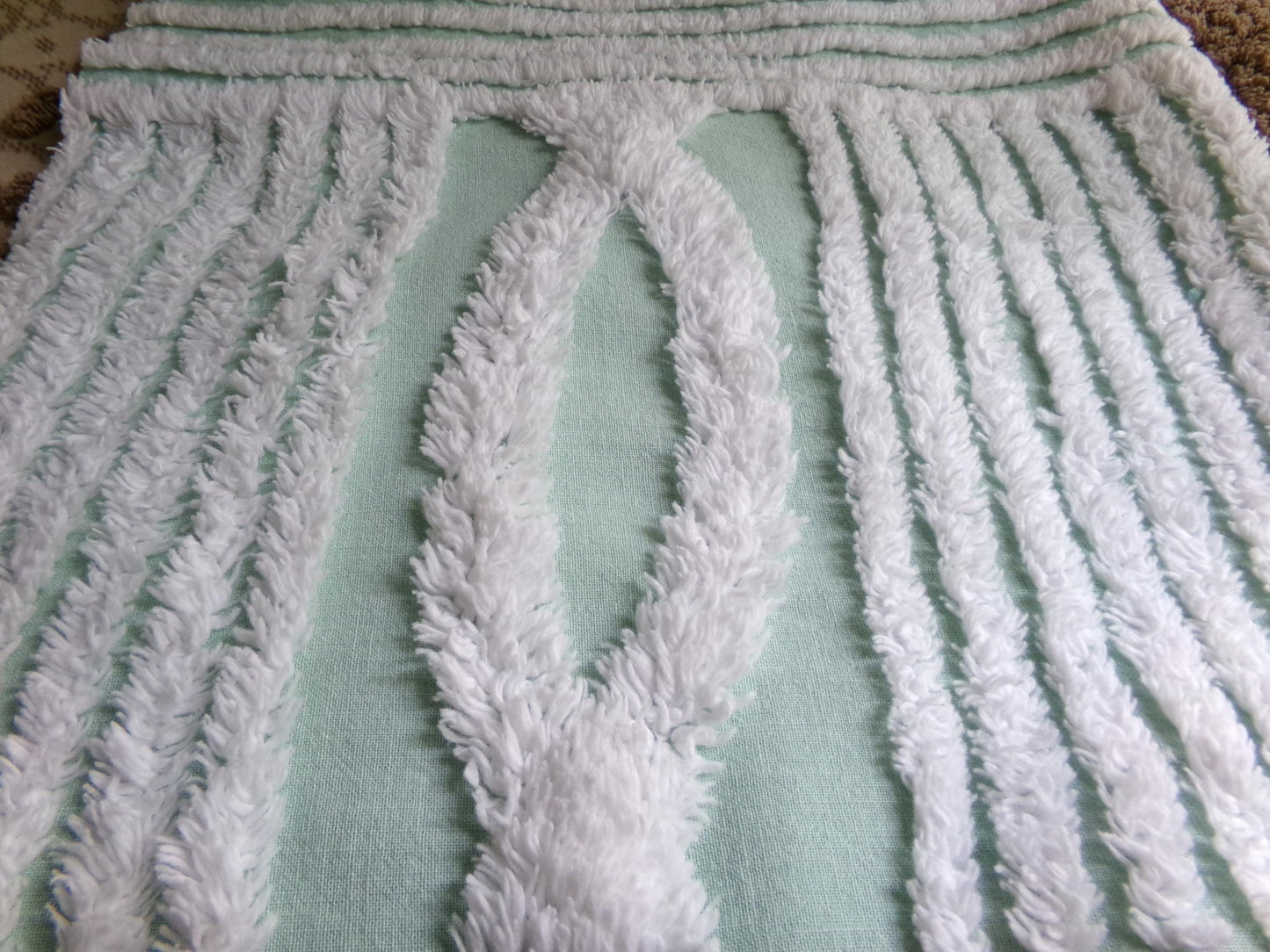 Fabric Piece from Vintage Chenille Bedspread in Mint Green & White Geometric Stripe, 12" x 22" inches