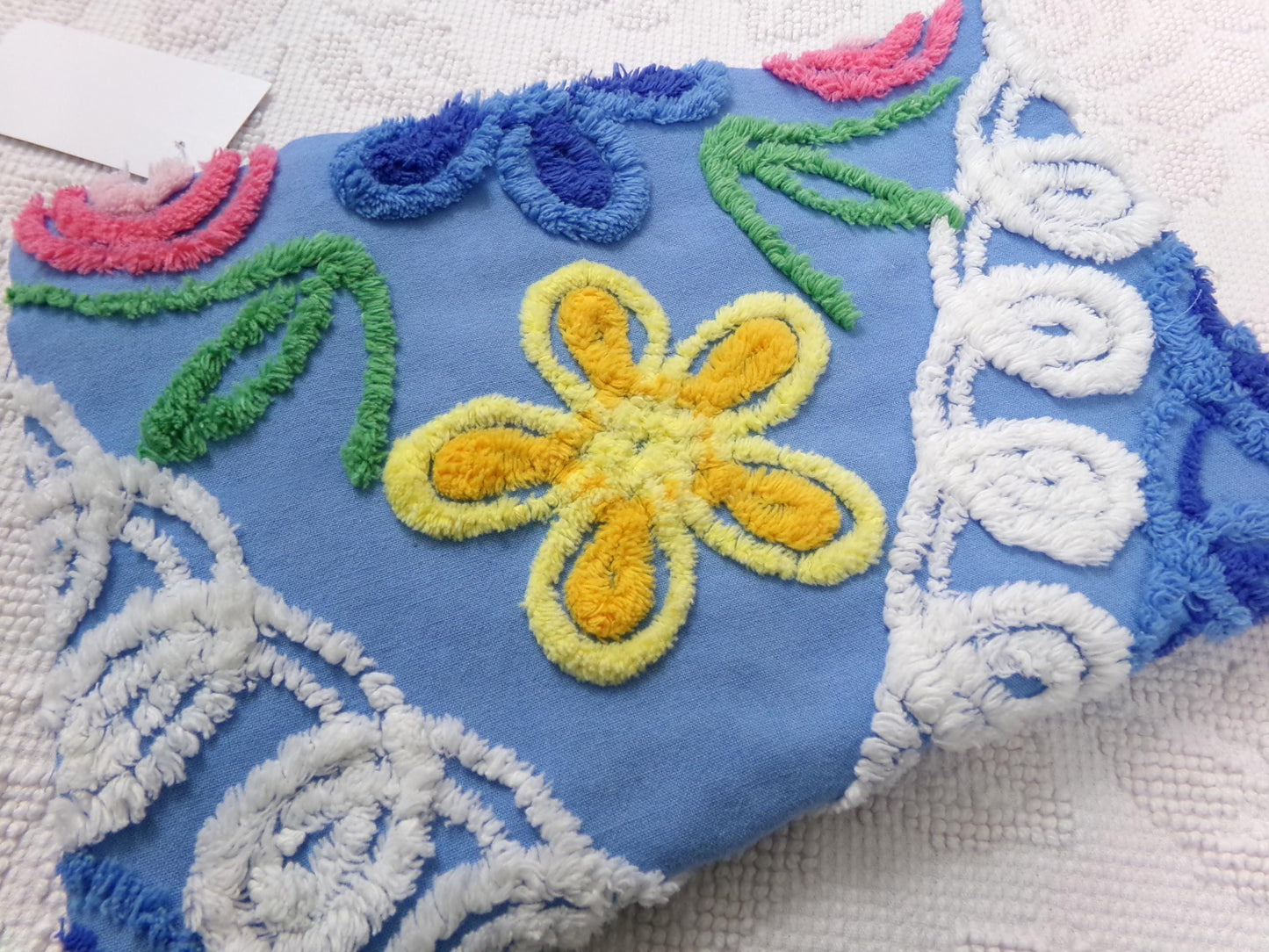 Vintage Chenille Bedspread Fabric, Boho Coastal Blue & White 16" x 23" Piece Sewing Material
