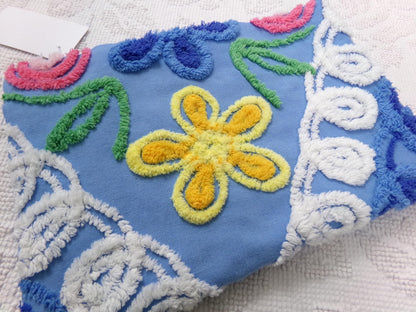 Vintage Chenille Bedspread Fabric, Boho Coastal Blue & White 16" x 23" Piece Sewing Material