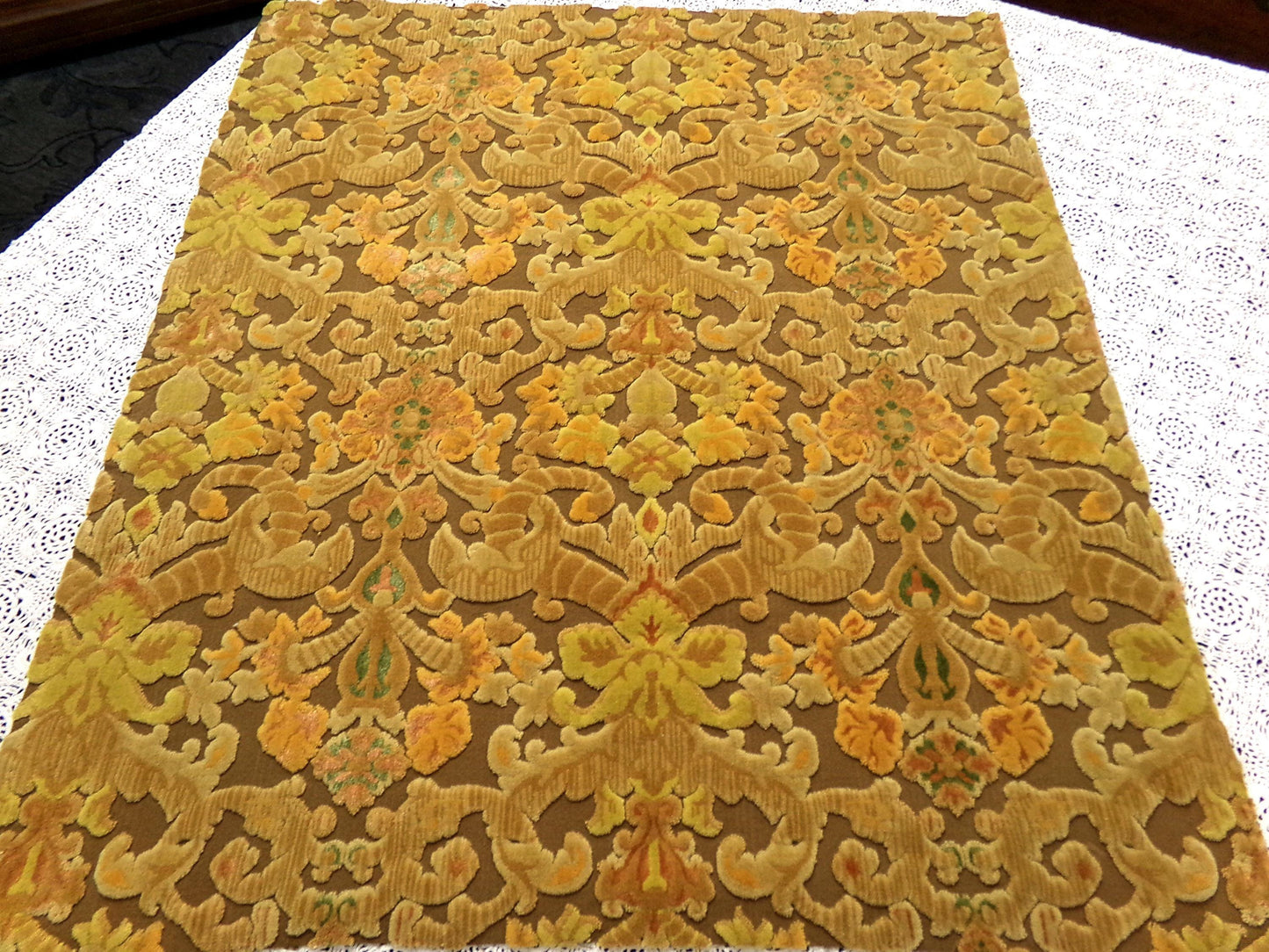 vintage Bates cut velvet fabric, earthy coppertone boho tapestry style design, 24" x 22" piece for wallhanging, small bags
