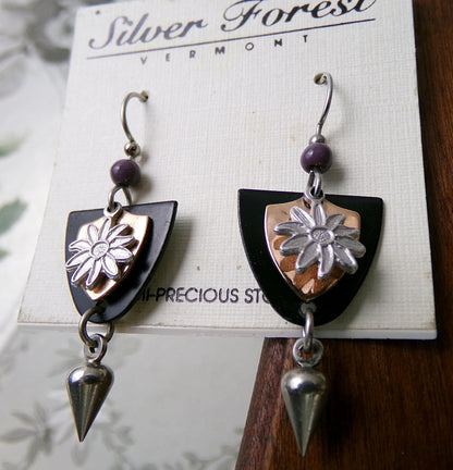 Vintage Silver Forest Earrings Dagger Daisy Pierced Dangle Boho Style Jewelry