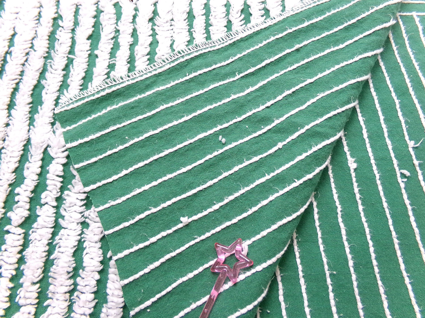 Evergreen & Snow White Vintage Chenille Bedspread Fabric, Geometric Stripes 15" x 27" piece