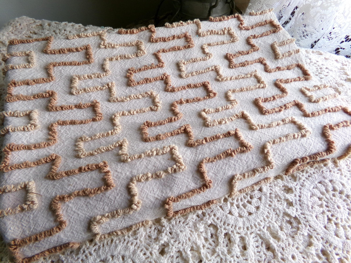 fantasy pyramids boho chenille fabric, retro earthtone brown vintage 18" x 24" piece of cotton quilt material for crafts & sewing