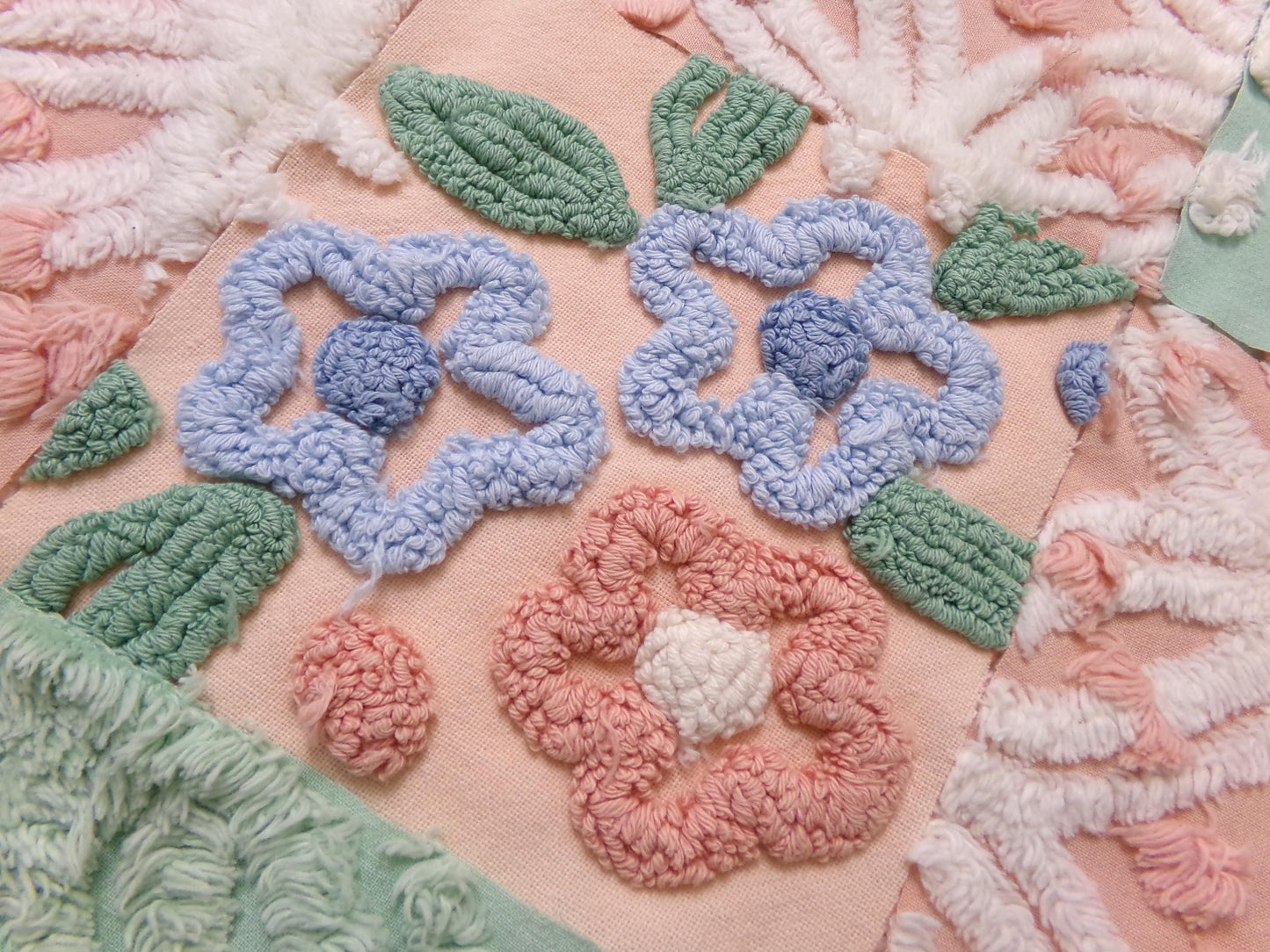 vintage chenille fabric squares, "garden lady" peach & green florals, set of 16 quilt blocks 6" each