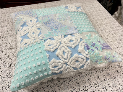 Vintage Velvet & Chenille Pillow Cover, 16" Square Reversible Coastal Patchwork Design