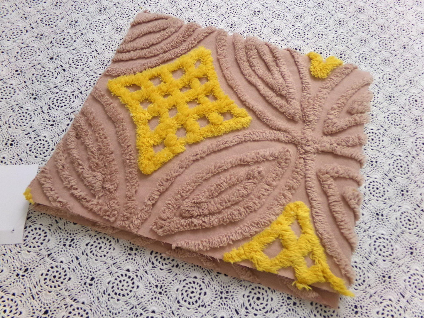earthy energetic vintage chenille bedspread fabric, 25" x 22" geometric design