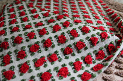 Striking Red Rosebud Vintage Chenille Fabric from Morgan Jones Roses Bedspread, 18" x 24" inch Piece