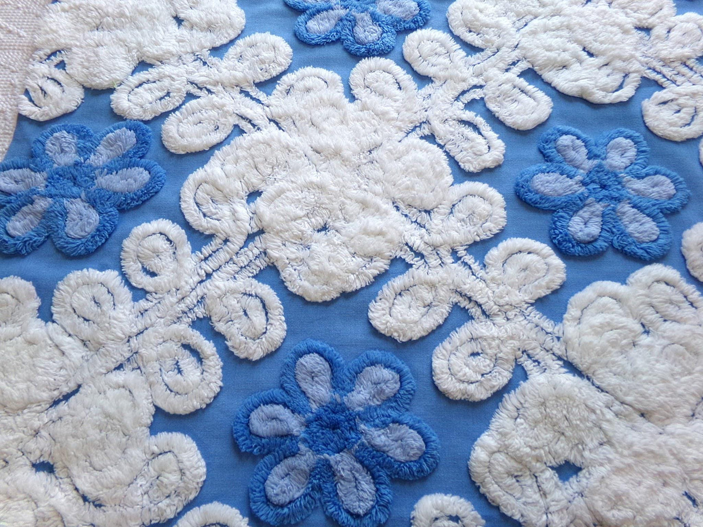 blueberry blossoms vintage chenille fabric, thickly tufted white curlicues & blue rose florals, 27" x 24" cut piece of sewing craft material