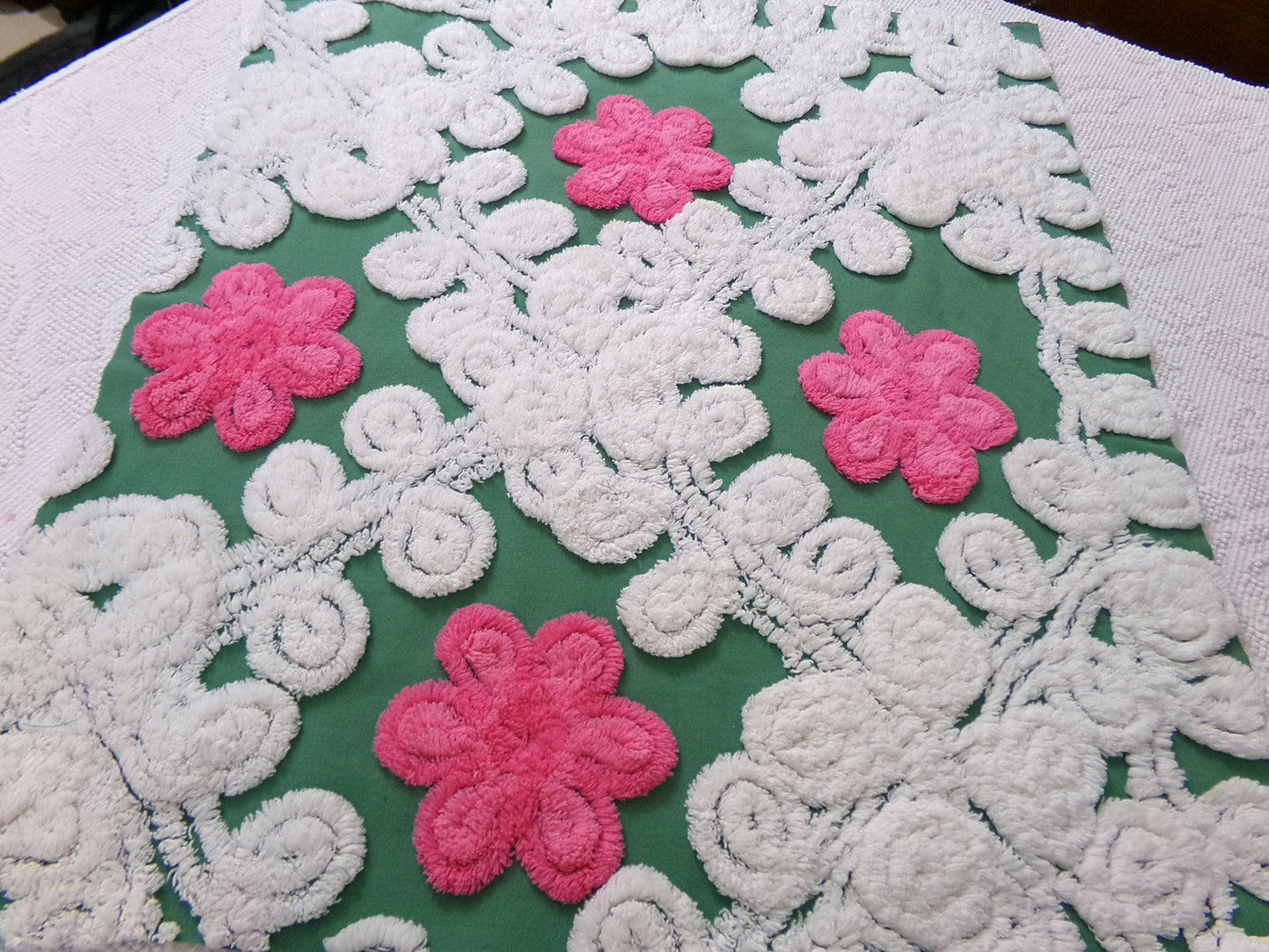 Vintage Chenille Bedspread Fabric, evergreen pink rose white swirl sewing craft quilt material, 20" x 24" piece