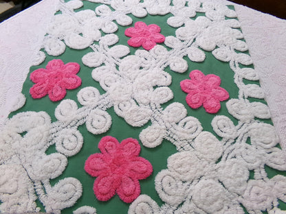 Vintage Chenille Bedspread Fabric, evergreen pink rose white swirl sewing craft quilt material, 20" x 24" piece