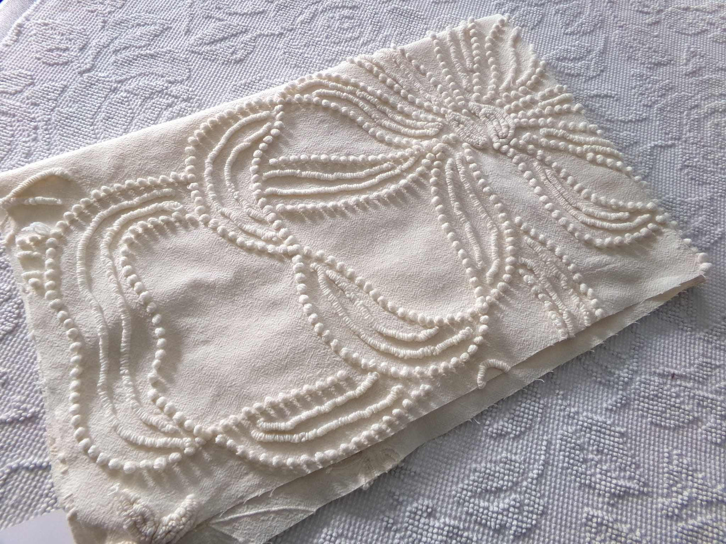 Exquisite Heirloom Vintage Chenille Fabric Piece, Large Bow & Lily Flowers in Antique Cream, 23" x 37" inch piece, lovely for a wall hanging