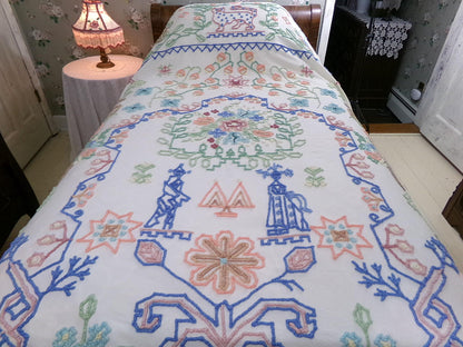 Vintage Boho Chenille Bedspread, Rare Folk Art Fieldcrest Needletuft Tribal Design, Full Size Cotton Bedding