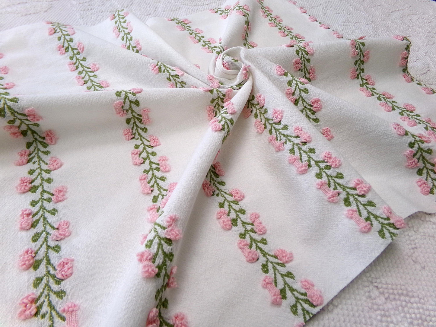 Vintage Rosebud Chenille Fabric, Pink Ivy Rose Design, 18" x 24" Piece of Lightweight Cotton Sewing & Quilting Material