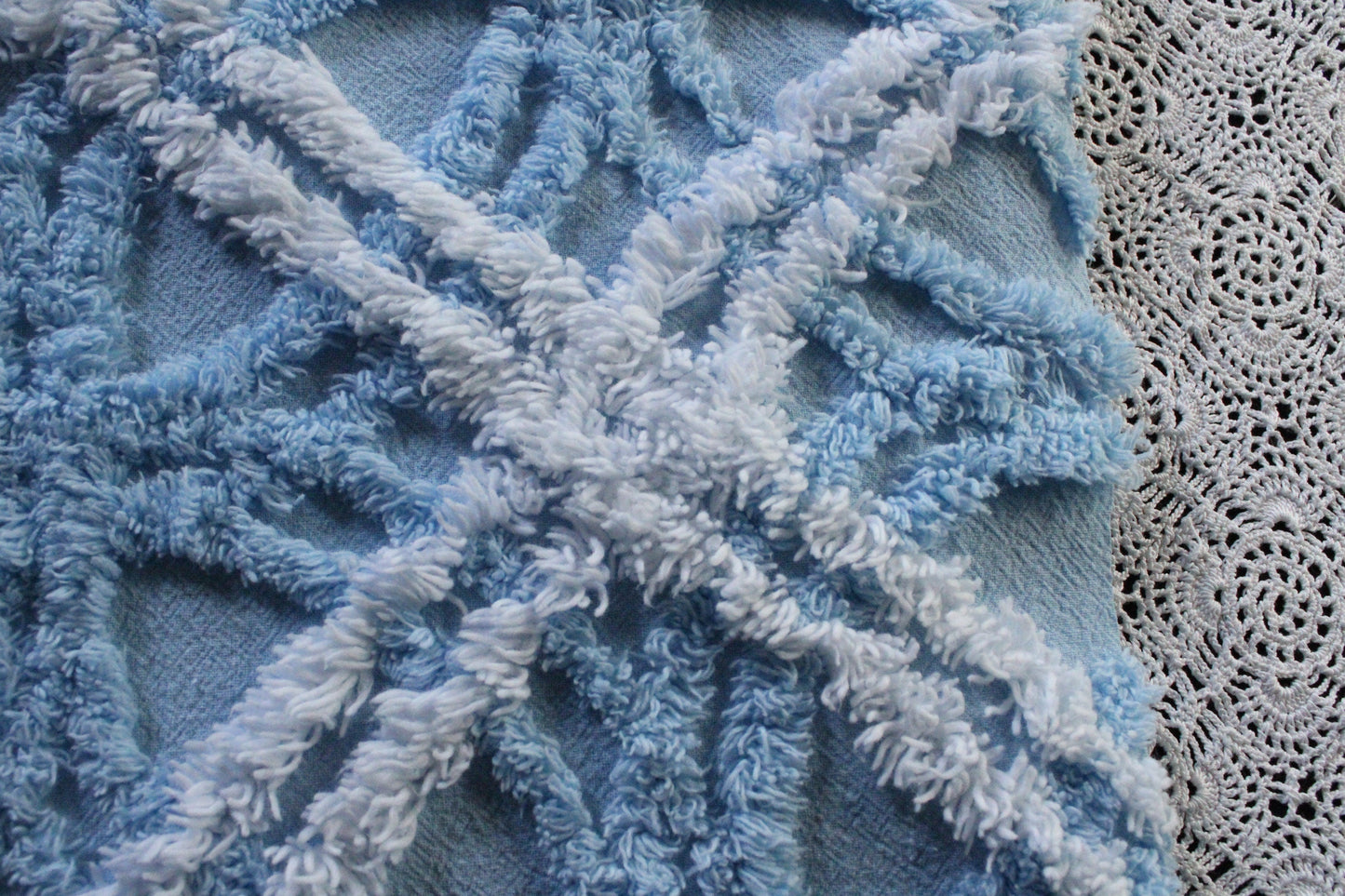 Breezy Coastal Vintage Style Chenille Fabric, 21" x 22" Inch Piece, Plush Sky Blue & White Geometric