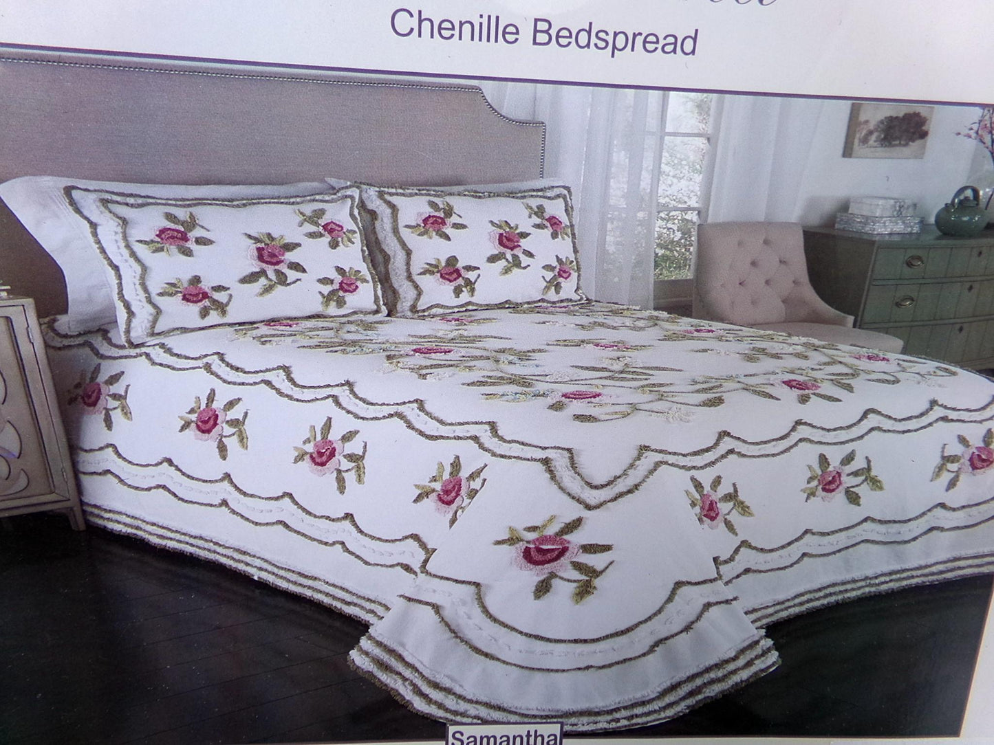 Vintage Style KING Chenille Bedspread, Samantha Rose Floral Design, 100% Cotton