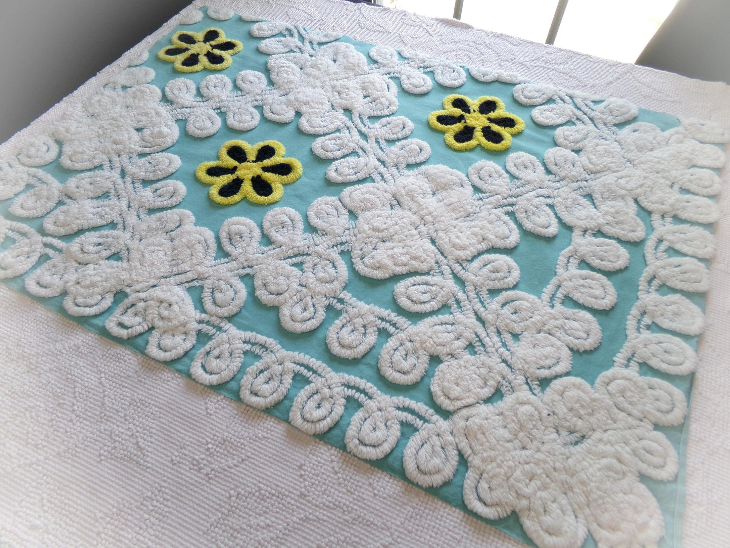 midnight seaspray vintage chenille fabric piece, plush sewing material 20" x 29"