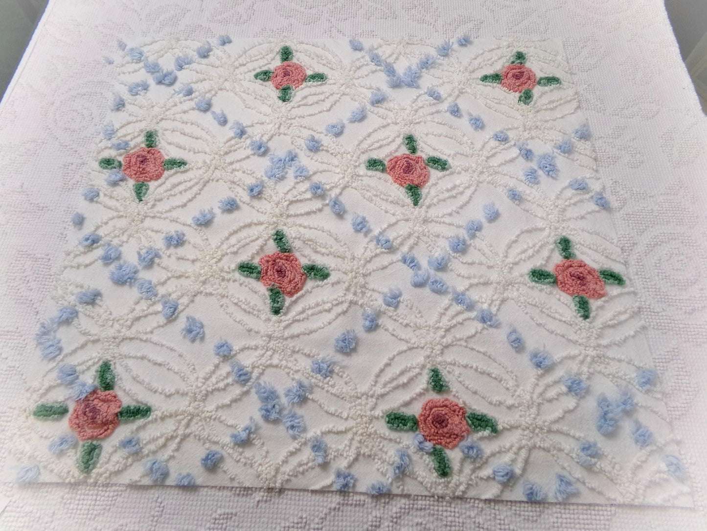 Pink Roses in Winter Vintage Chenille Bedspread Fabric, Romantic 22" x 20" Piece Sewing Material